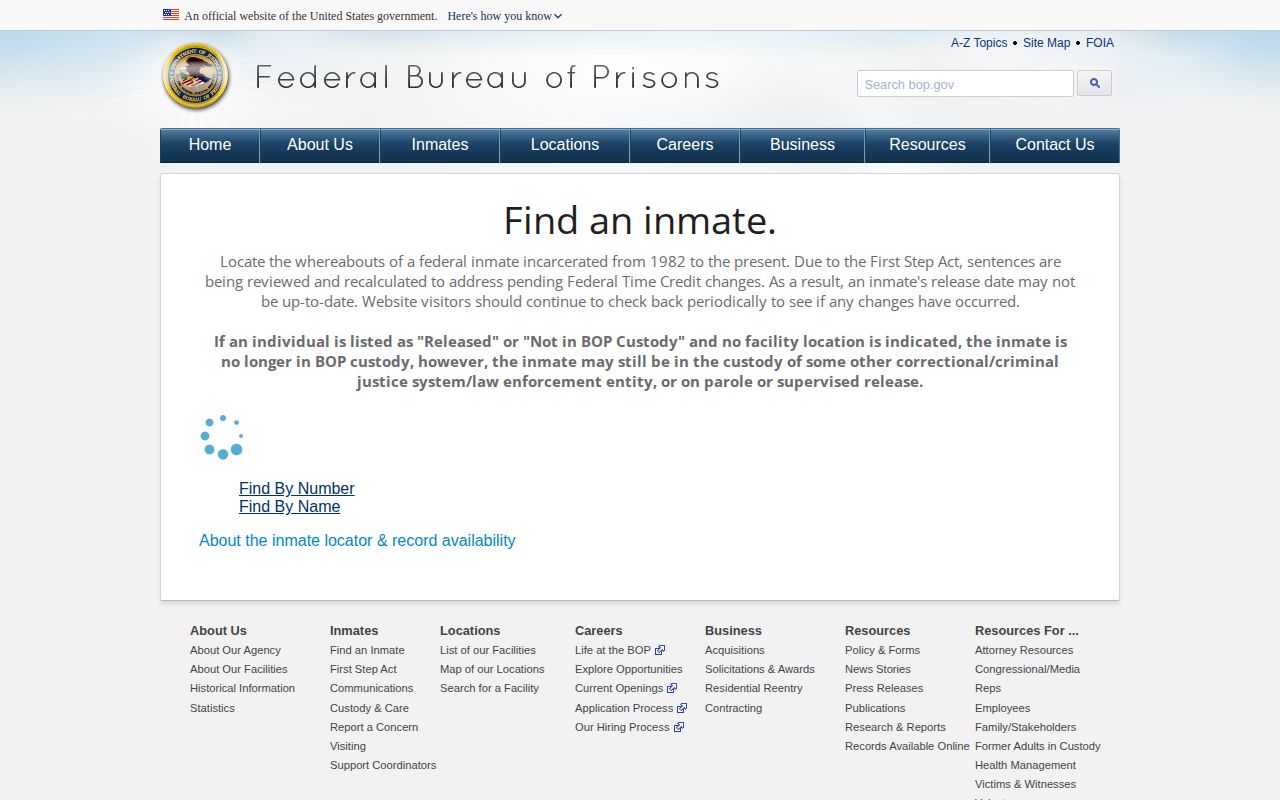 Coal County Federal Bureau of Prisons inmate release locator result